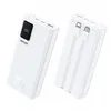 Two white power banks are shown against a white background. One power bank is angled to show its front with a digital display and brand name. The other power bank is angled to show its back with integrated cables. Produktbild-Vorschau