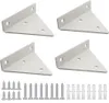Four white metal shelf brackets and screws arranged on a white background. Produktbild-Vorschau