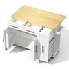 A white kitchen island with a wooden top, shown from a high angle with drawers and doors open. Voir les images du produit
