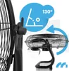 A close-up view of a black floor fan with a graphic overlay indicating a 130-degree oscillation range. Voir les images du produit