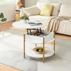 A modern living room scene featuring a white marble-look coffee table with a lift-top and storage, placed on a patterned rug next to a cream-colored sofa. Produktbild-Vorschau