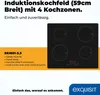 A black induction cooktop with four cooking zones is shown on a white and orange background, with product details listed on the left. Produktbild-Vorschau