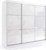 A white sliding door wardrobe with a reflective surface, showing a reflection of a living room with a sofa. Produktbild-Vorschau