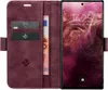 A burgundy flip case for a smartphone, open to reveal card slots and a banknote, with the smartphone screen visible. Produktbild-Vorschau