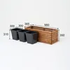 A wooden planter box with three black plastic inserts, shown with dimensions indicated by measurement lines and numbers. Anteprima dell’immagine prodotto