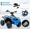 A blue electric quad bike for children, with various features highlighted by text and close-up images. Produktbild-Vorschau