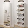A split image showing a mirrored shoe cabinet in its closed and open states, displaying shoes on shelves. Produktbild-Vorschau