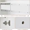 Close-up shots of a white cabinet's features, including transparent acrylic panels, a hinge, and a cable management hole. Podgląd zdjęcia produktu