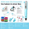 A flat lay image showcasing the contents of a 3D pen starter pack, with each item clearly labeled with numbers and corresponding text descriptions at the bottom. Anteprima dell’immagine prodotto