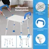 A shower stool with armrests is shown in a bathroom setting, with close-ups highlighting its features. Podgląd zdjęcia produktu