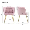 Two views of a pink velvet chair with gold legs, with dimensions indicated. Produktbild-Vorschau