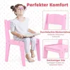 A young girl is sitting on a pink chair and reading a book. The image also shows close-ups of the chair's backrest and seat. Produktbild-Vorschau