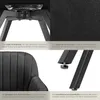 A collage of four images showcasing different aspects of a chair, including its base, fabric texture, armrest detail, and leg adjustment. Produktbild-Vorschau