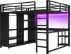 A black metal bunk bed with an integrated desk and shelving unit, illuminated by purple LED lights. Anteprima dell’immagine prodotto