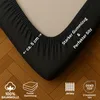 A close-up of a black fitted sheet with text overlays and icons at the bottom. Produktbild-Vorschau