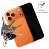A close-up shot of an orange smartphone with a set of keys resting on its back, with a graphic overlay indicating scratch resistance. Produktbild-Vorschau
