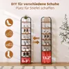 A collage showing two shoe racks with different configurations for storing shoes and boots, with illustrative icons on the left. Produktbild-Vorschau