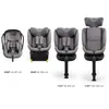Four different configurations of a gray child car seat are displayed side-by-side on a white background, each with a label indicating its size range. Voir les images du produit