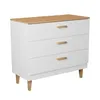 A white dresser with a wood-tone top and wooden handles, shown against a white background. Podgląd zdjęcia produktu