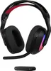 A black gaming headset with red accents and RGB lighting, along with its wireless transmitter, is displayed against a white background. Produktbild-Vorschau