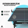 A close-up view of a table tennis table with text overlays highlighting its outdoor features. Produktbild-Vorschau