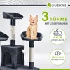 A cat sitting on a cat tree with marketing text and icons. Náhľad obrázku produktu