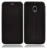 A black leather flip case for a Samsung Galaxy J3 2017 phone, shown from the front and back. Produktbild-Vorschau