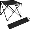 A black foldable camping table with two cup holders and a mesh pocket, shown with its carrying bag. Produktbild-Vorschau