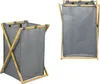 Two views of a collapsible laundry basket made of grey fabric and a bamboo frame, shown against a white background. Produktbild-Vorschau