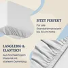 Close-up of a white fitted sheet with text overlays describing its features. Produktbild-Vorschau