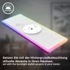 A rectangular LED panel with RGBW lighting is shown diagonally on a blurred background, with text overlays. Produktbild-Vorschau