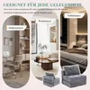 Collage of three different room settings (study, living room, bedroom) showcasing a modular sofa in different configurations, with text overlays indicating suitability for each room. Náhled obrázku produktu