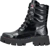 A black patent leather lace-up boot with a thick platform sole and colorful stitching around the sole. Anteprima dell’immagine prodotto