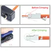 A collage of four images showing the process of crimping an RJ45 connector onto an Ethernet cable. Produktbild-Vorschau