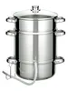 A stainless steel juicer with a glass lid and a white hose attached to the bottom. Produktbild-Vorschau