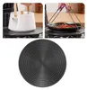 Collage showing a heat diffuser plate on a gas stove with a teapot, a pan with food being held by tongs, and a close-up of the plate. Produktbild-Vorschau