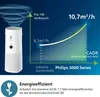 An infographic showing a Philips air purifier with a graph illustrating its performance and energy efficiency. Podgląd zdjęcia produktu