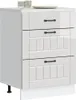 A white kitchen cabinet with three drawers is shown against a white background. Two glasses and a plate are on top of the cabinet. Náhled obrázku produktu