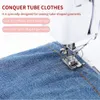 A close-up of a sewing machine foot stitching a seam on blue denim fabric, with marketing text overlayed. Produktbild-Vorschau