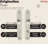 Marketing image showcasing door handles with feature callouts. Produktbild-Vorschau