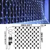 A diagram showing the dimensions of a net light string, with a photo of the lights on a railing above. Produktbild-Vorschau