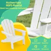 A white Adirondack chair is shown in a grassy outdoor setting, with marketing text and icons overlaid on the image. Produktbild-Vorschau