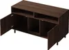 A dark brown wooden sideboard with two doors open, revealing storage compartments and shelves. Anteprima dell’immagine prodotto