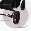 Close-up view of a stroller's wheel and frame, highlighting specific features with text labels and graphic elements. Anteprima dell’immagine prodotto
