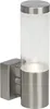 A modern outdoor wall light with a brushed stainless steel base and a clear glass cylinder. Produktbild-Vorschau