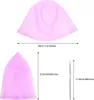 A size chart showing a pink hair highlighting cap and a silver needle with measurements. Produktbild-Vorschau