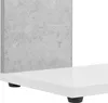 A close-up view of the bottom corner of a white shelf with a gray concrete-look panel behind it, resting on black feet. Produktbild-Vorschau