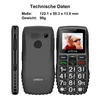 A dark gray senior-friendly mobile phone is displayed from multiple angles, with technical specifications listed above. Produktbild-Vorschau