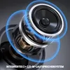 A close-up, exploded view of a speaker system with blue light rings indicating sound waves. Produktbild-Vorschau