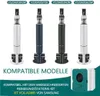 Four vacuum cleaner wands in different colors are displayed with text indicating compatible models and a stack of vacuum bags. Produktbild-Vorschau